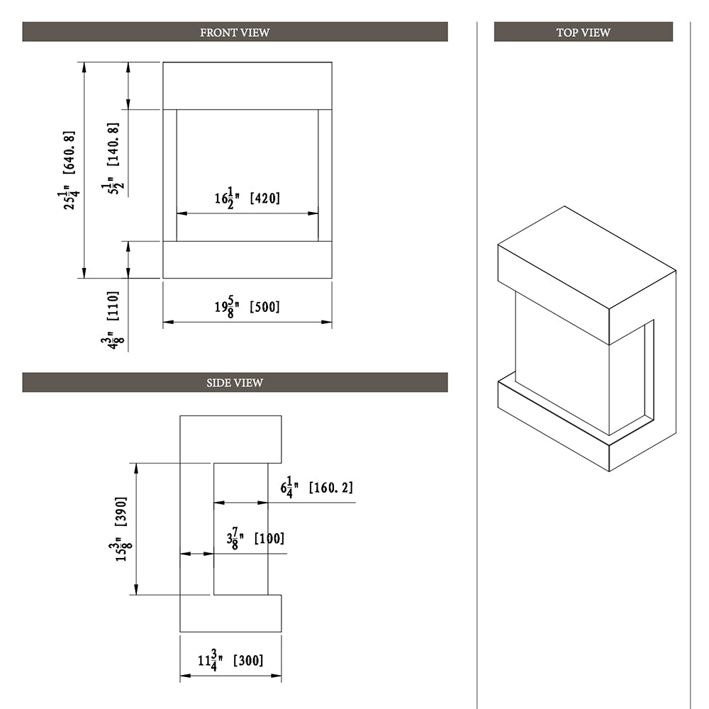 Three-sided cube electric fireplace with dimension diagram