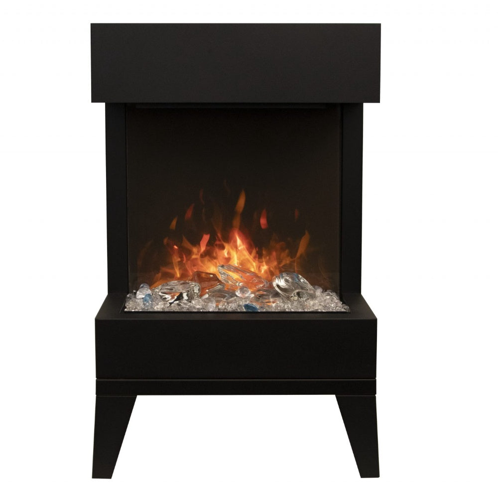 Black front-facing electric fireplace with orange flame display and rocks