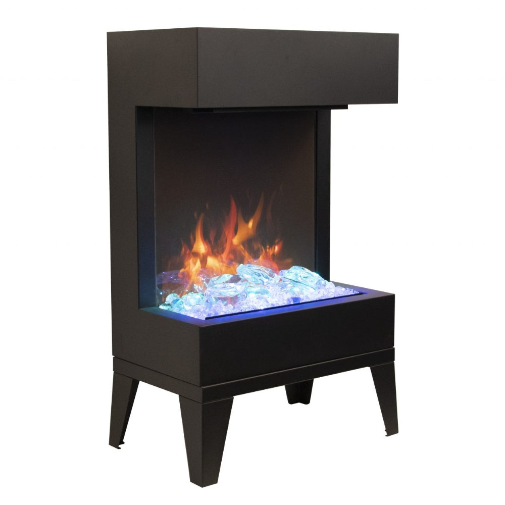 Black electric fireplace with blue light base and orange flame effect