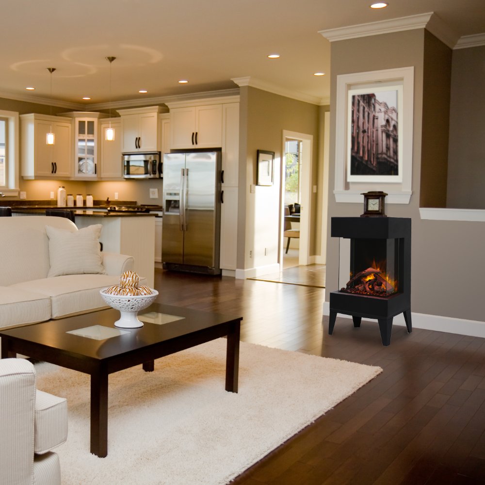 Black freestanding electric fireplace with glowing flames in a living room