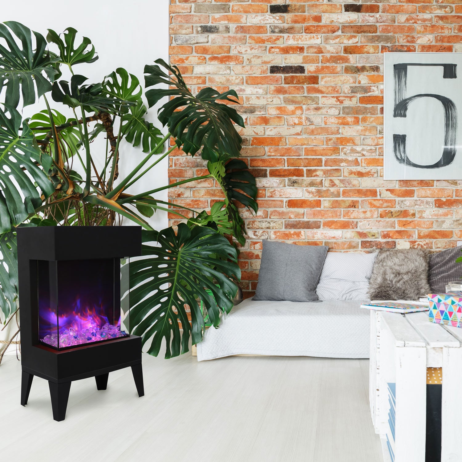 Black leg base/stand supporting an electric fireplace, four angled legs