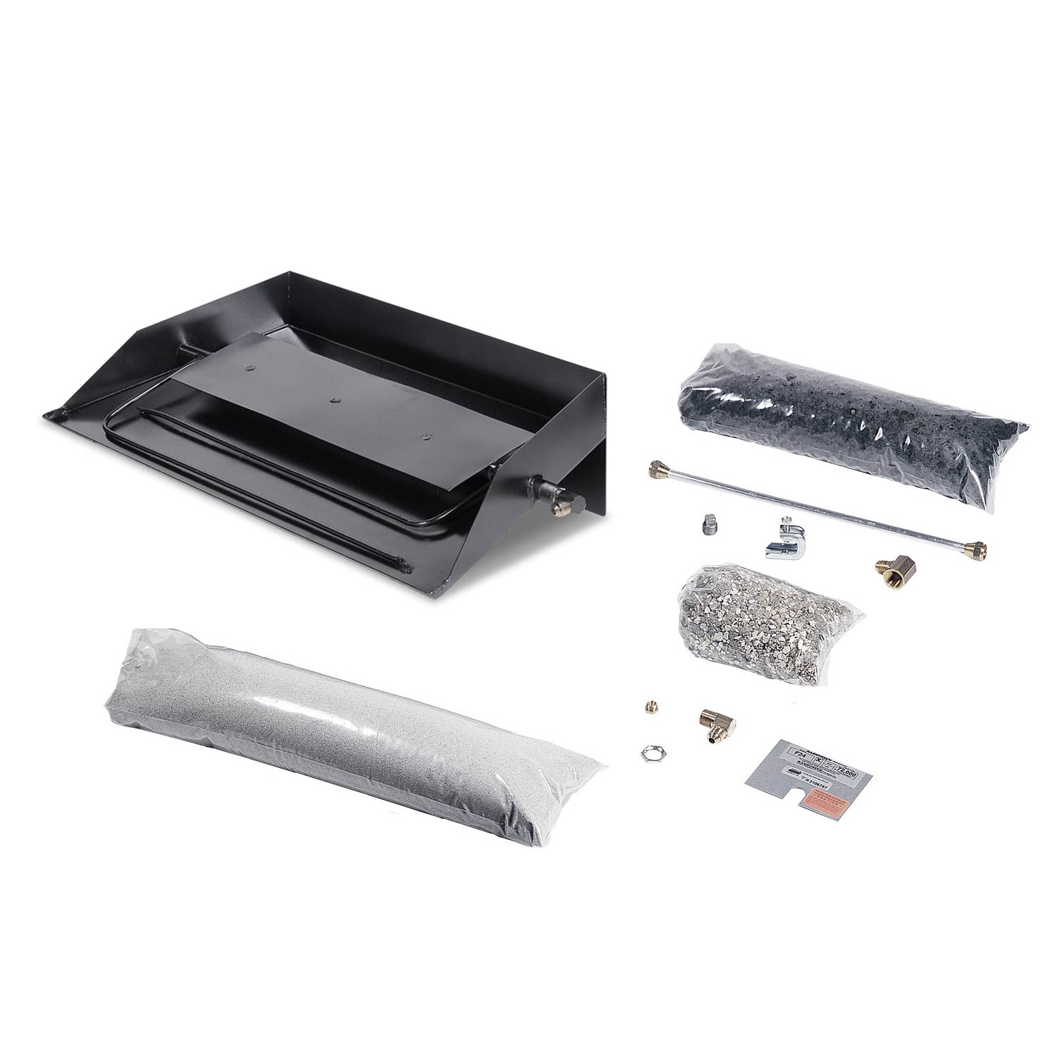 Vented fireplace burner kit with black burner pan, brackets, hardware and ember media