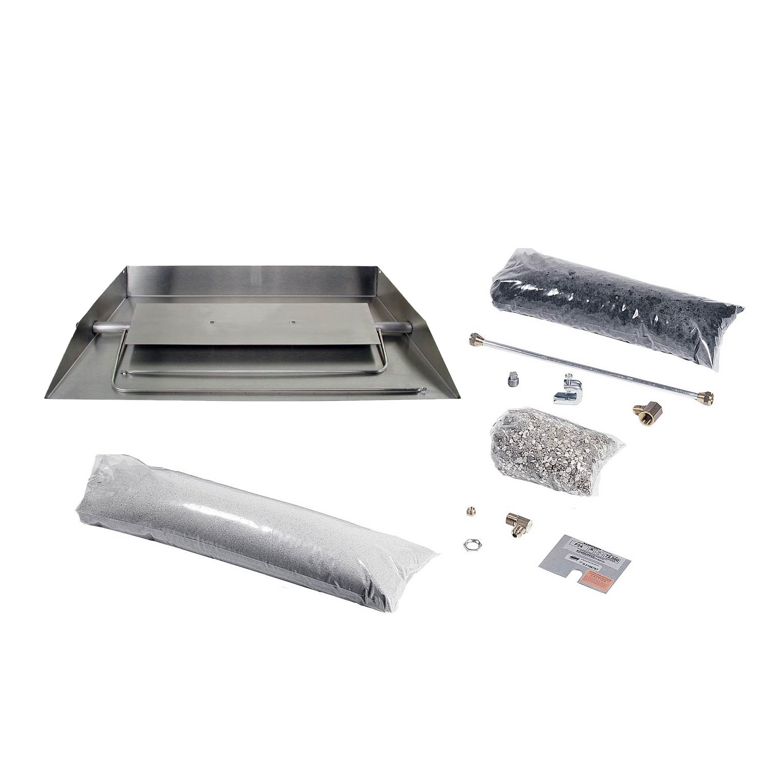 Stainless steel vented fireplace burner kit with burner pan, wrap covers, and hardware parts