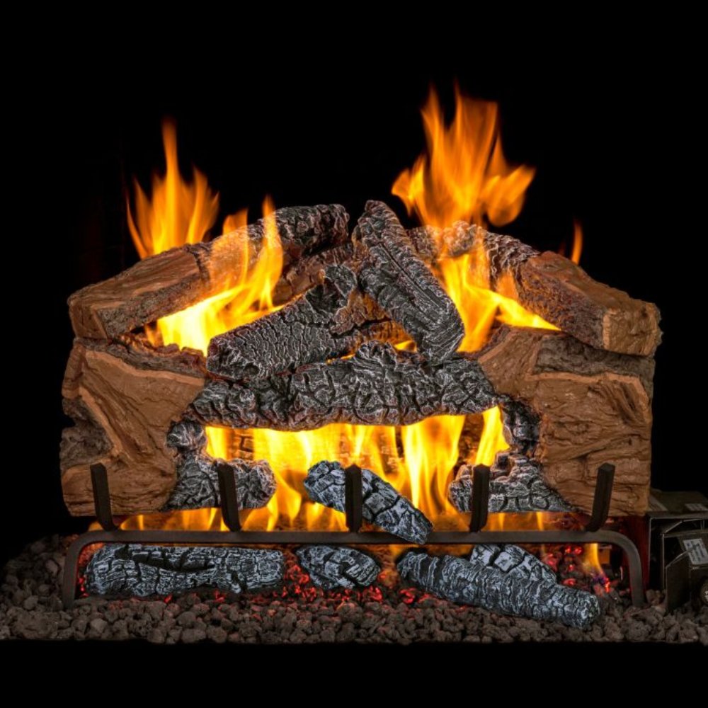 Charred cinder split vented gas log set with bright flames inside a firebox