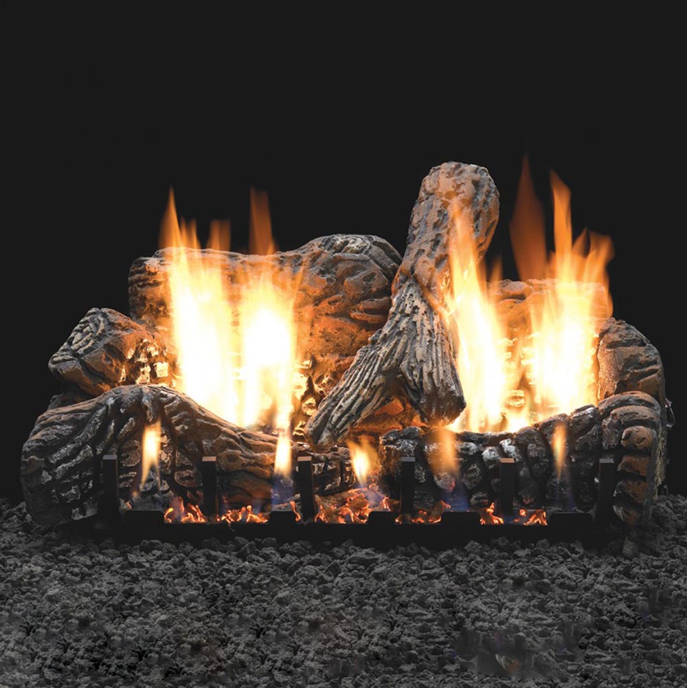 Ceramic fiber fireplace log set with glowing flames and charred wood-effect logs