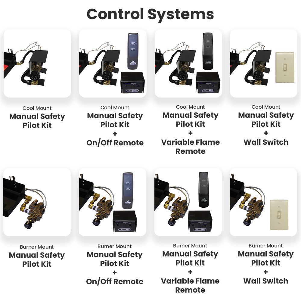 Gas log control systems with remote and wall switch device illustrations