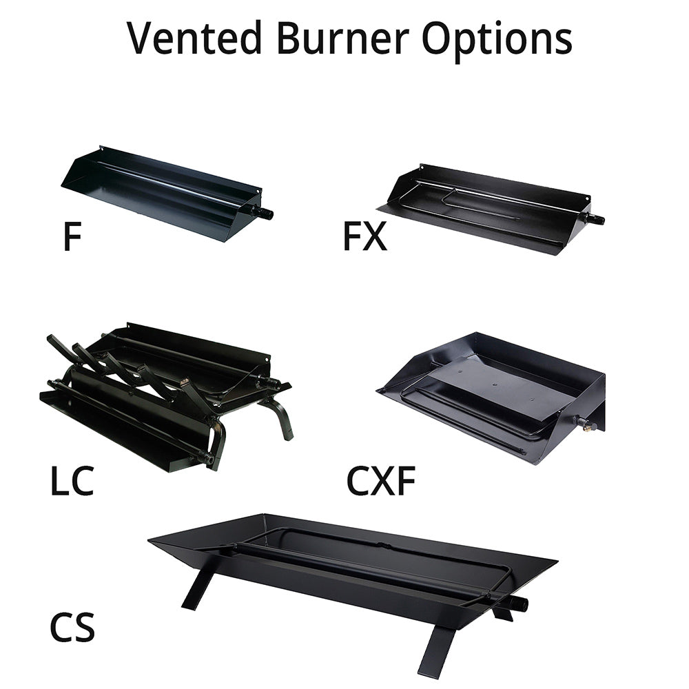 Vented burner options: black burners labeled F, FX, LC, CXF, CS