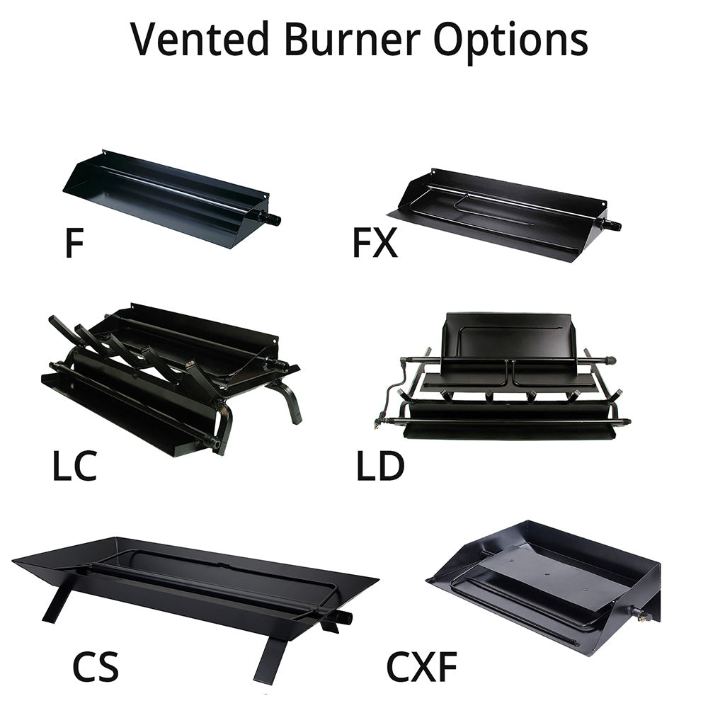 Vented burner tray options for fireplace with black metal burners
