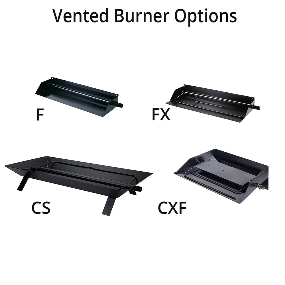 Vented burner options showing four black burner trays with mounting legs and covers