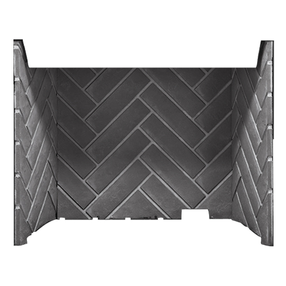 Dark gray herringbone brick-pattern outdoor fireplace side panel with trim edges