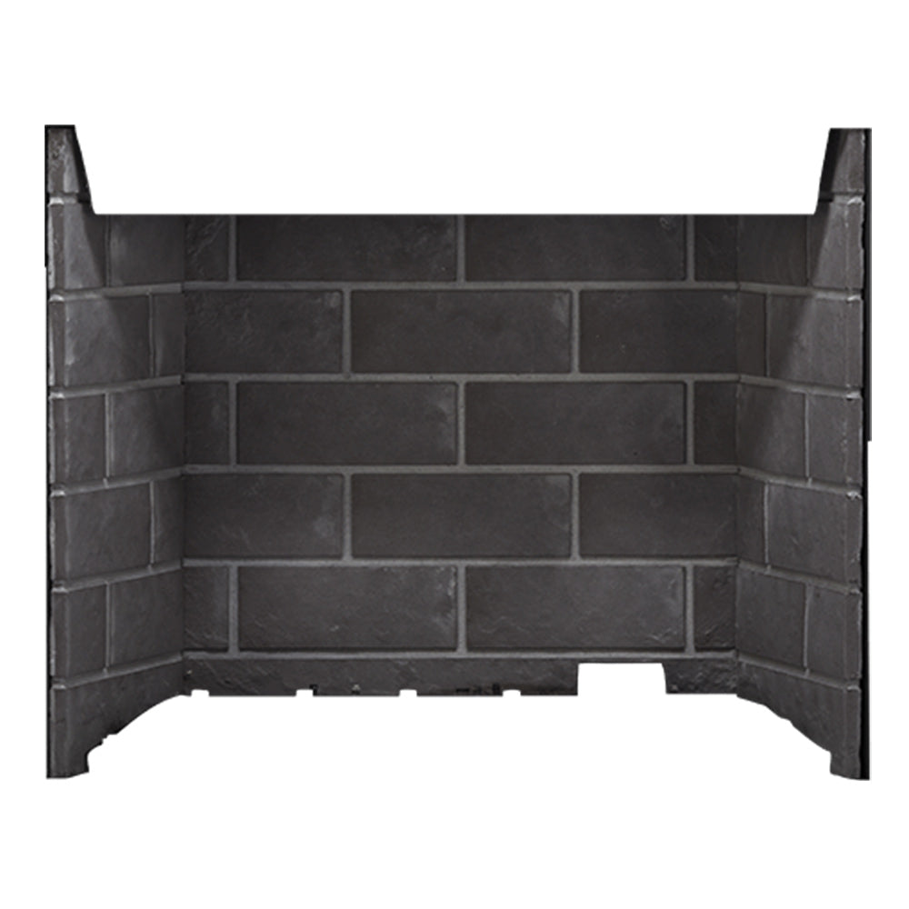 Decorative faux brick panel, dark gray interior surround for gas fireplace
