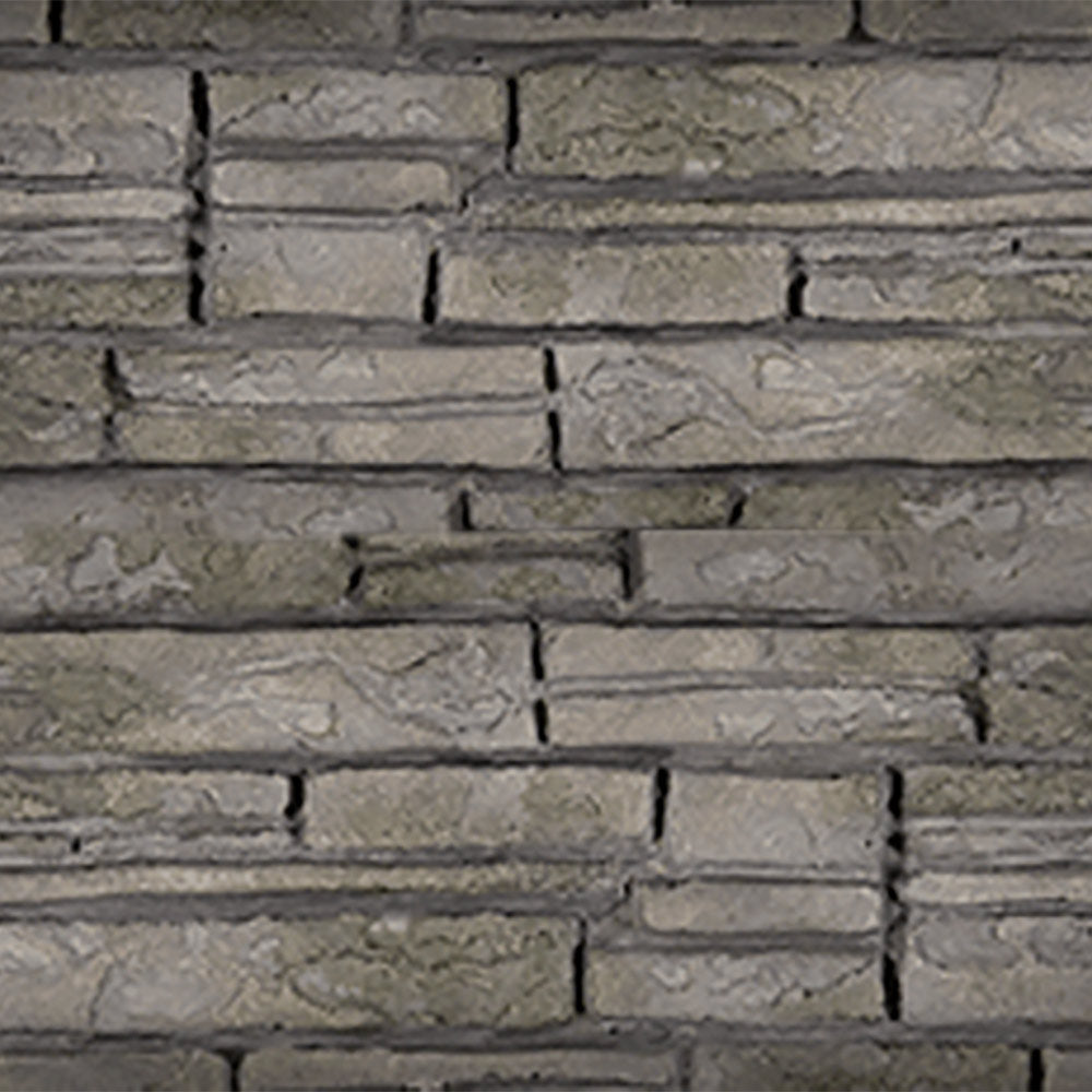 Grey ledgestone decorative brick panel with raised rectangular stone blocks