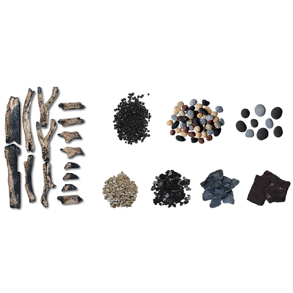 Complete log set components: logs, embers, rocks, black fire glass, and pebbles