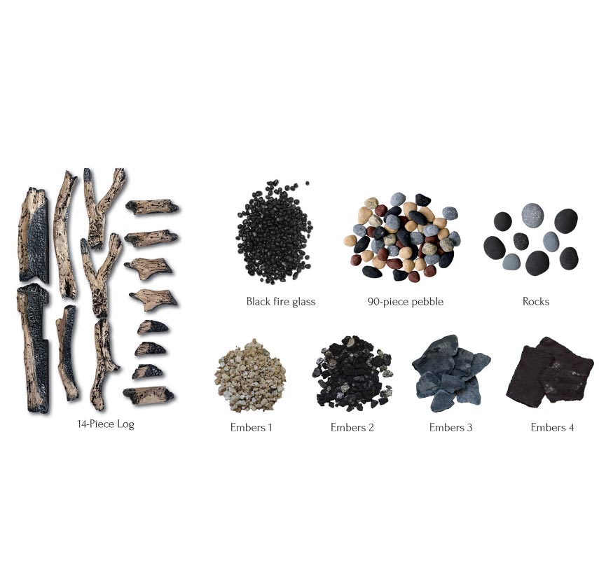 14-piece rustic log set with embers, rocks, black fire glass, and burner pebbles