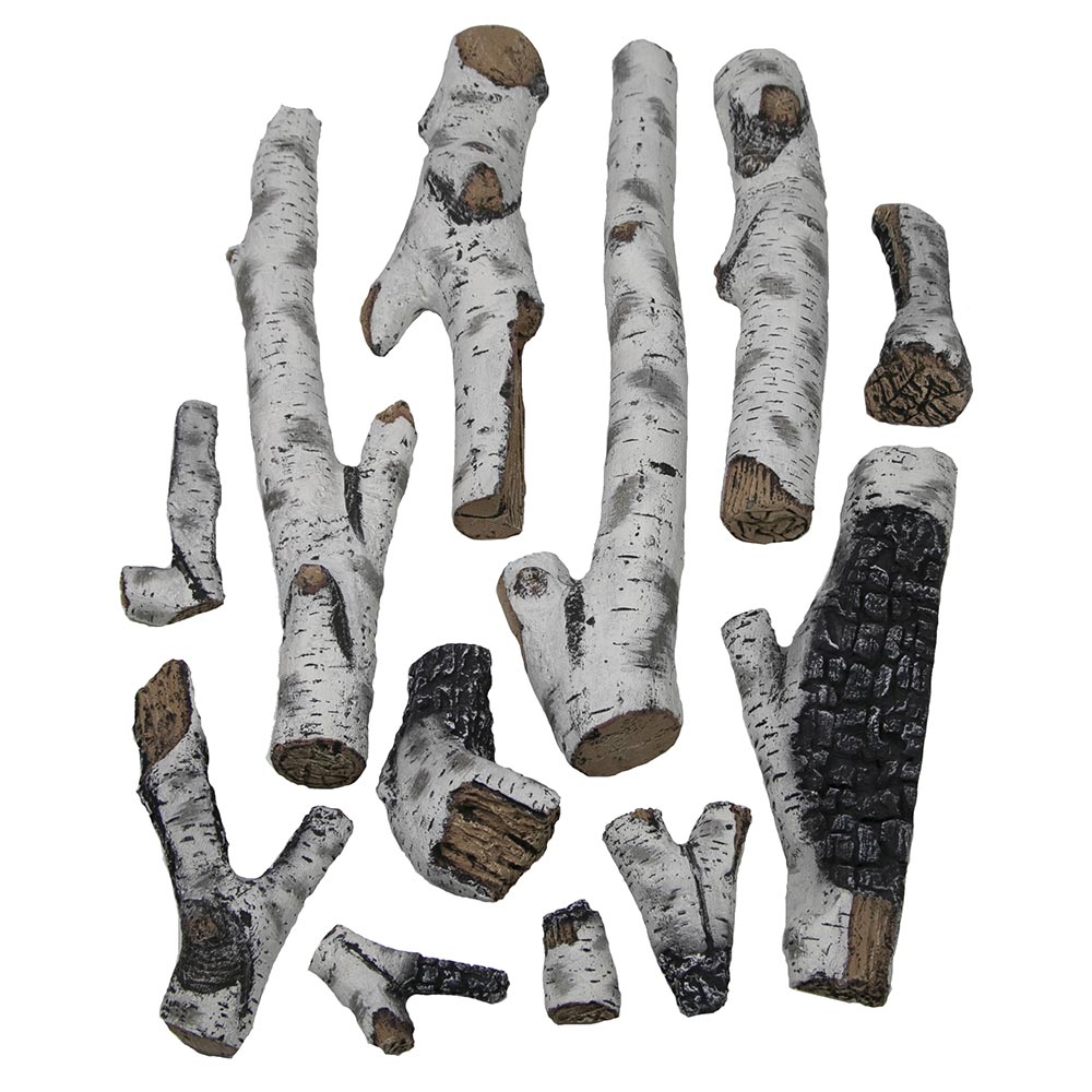 12-piece birch log set with bark-on ends, assorted lengths