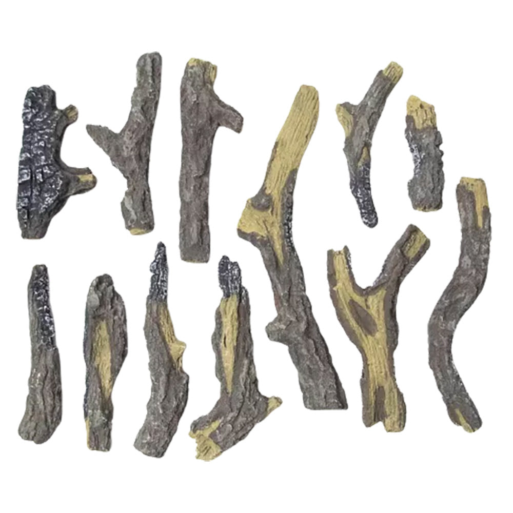12-piece decorative fireplace log set with dark gray and oak-colored pieces
