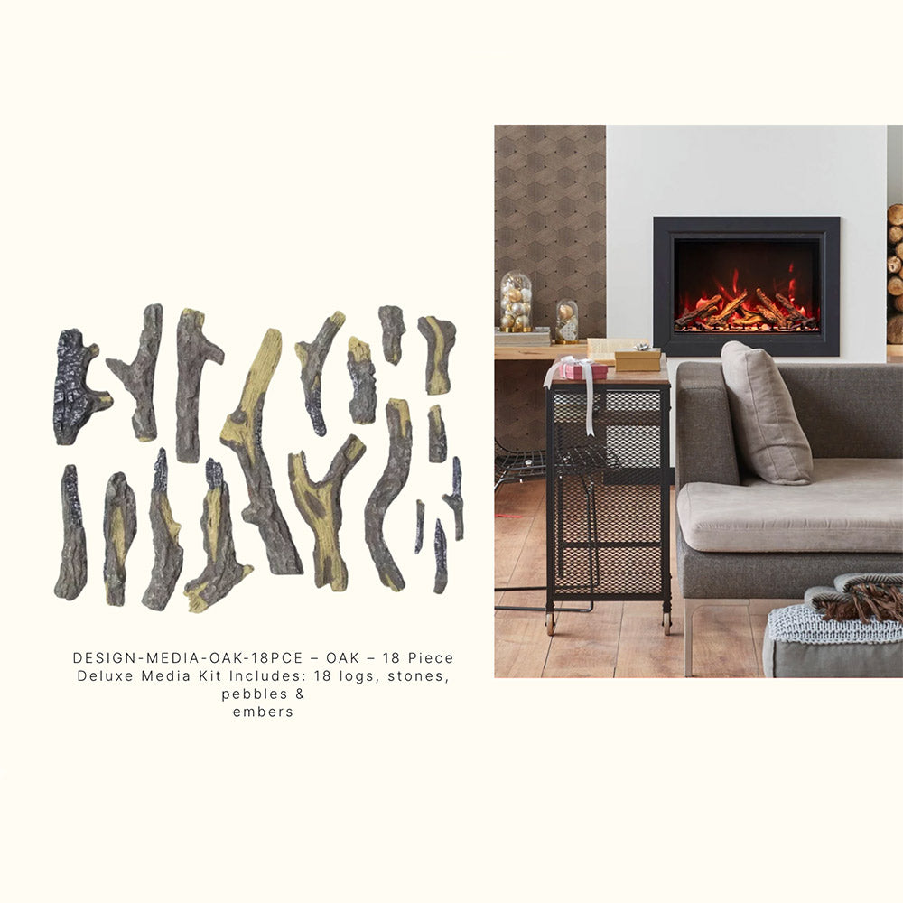 18-piece artificial oak log set arranged in an electric fireplace insert