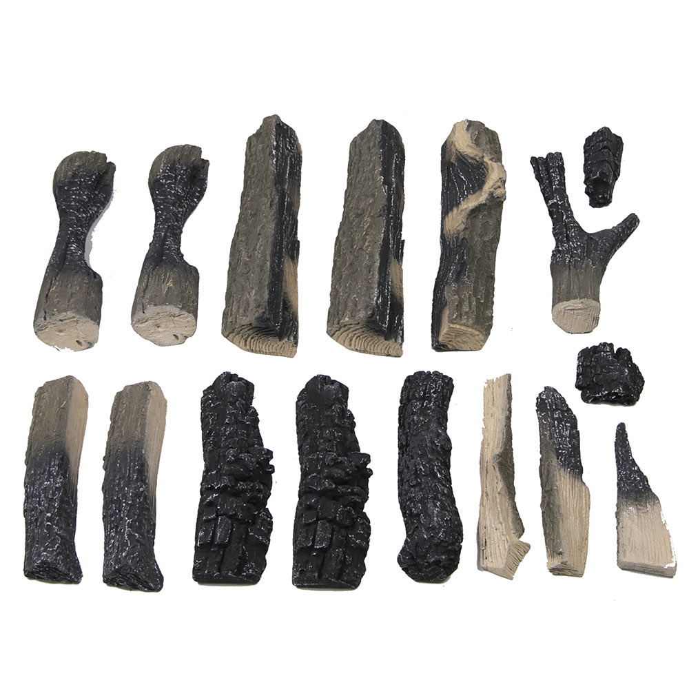 16 split fireplace log pieces in mixed dark gray and tan tones, assorted shapes