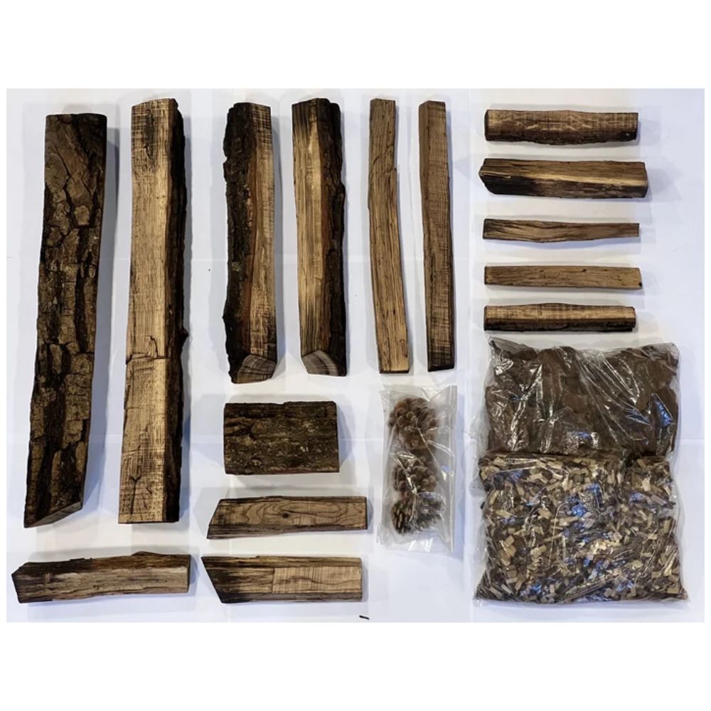 Real wood media kit with assorted wooden logs and bagged decorative stones