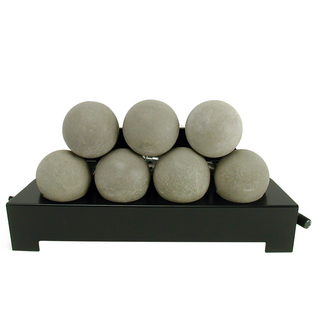 Ventless burner kit with light beige round fireballs on a black burner pan