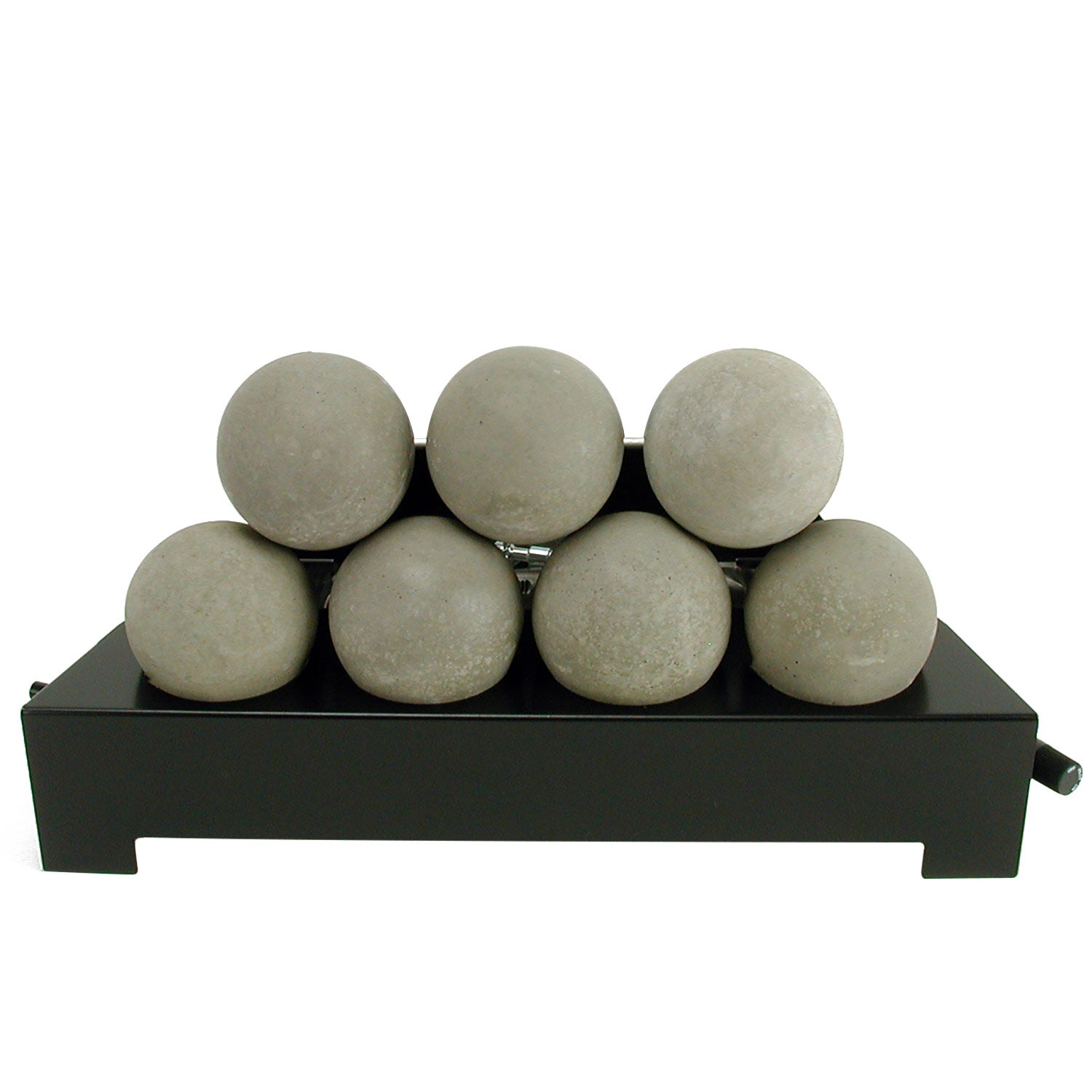 Ventless burner kit with light beige round fireballs on a black burner pan