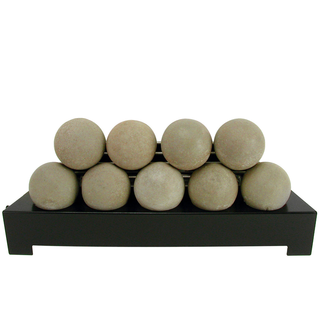 Ventless burner media: beige smooth fireballs on a black burner pan.