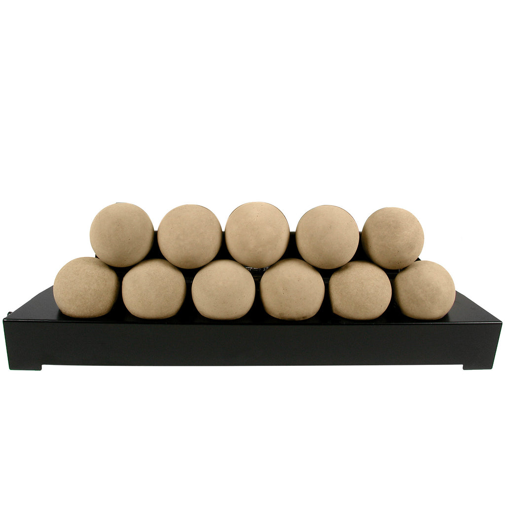 Ventless burner kit with smooth fireballs in brown-beige on a black tray