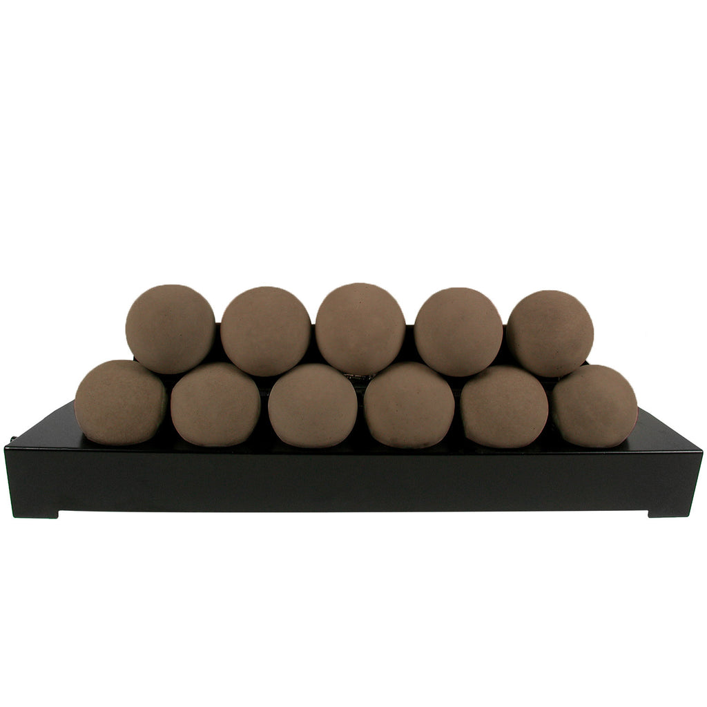 Ventless burner kit with smooth fireballs in brown on a black tray