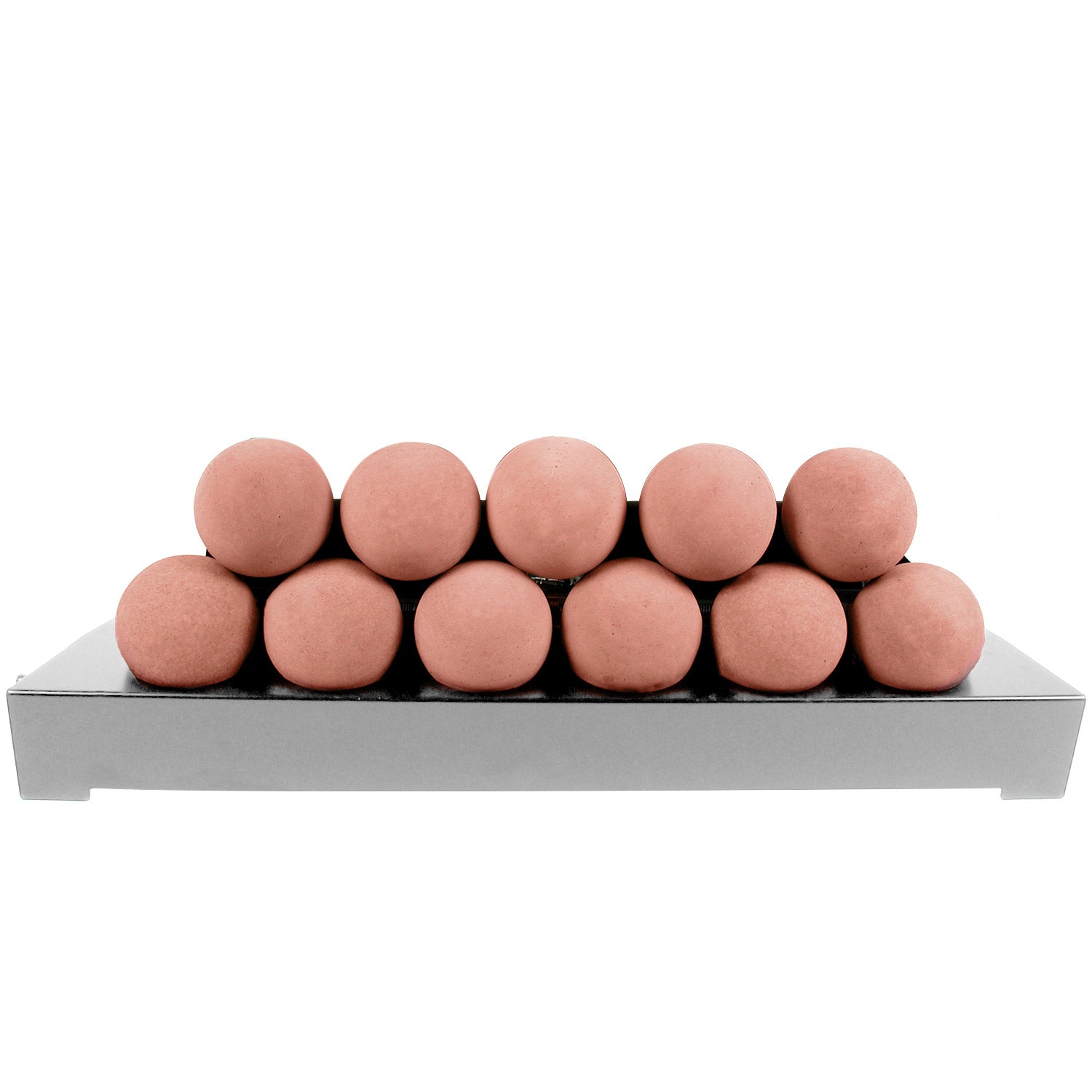 Stainless steel burner tray with red-tinted smooth fireballs