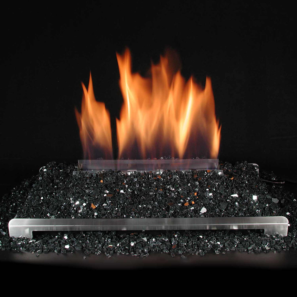 Ventless burner kit with flames above dark black fire glass media bed
