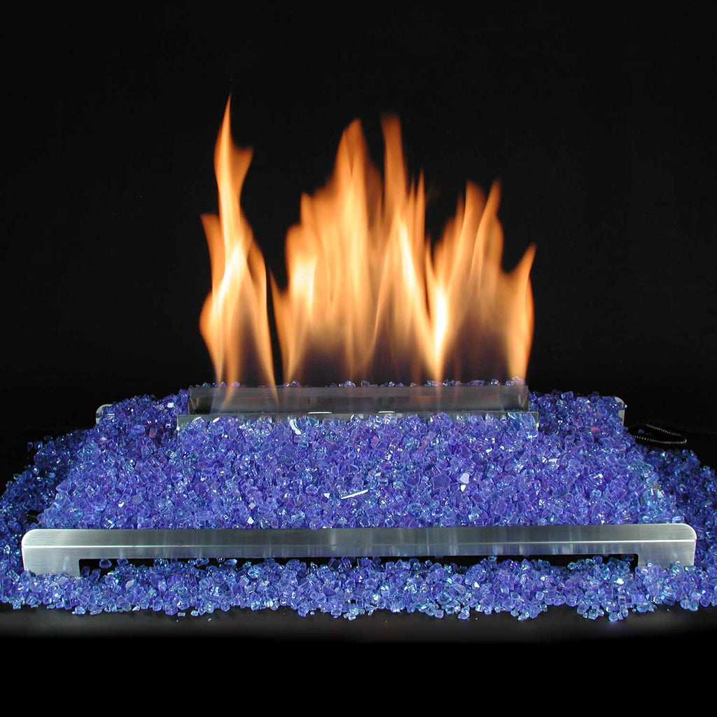 Ventless burner kit with flames above blue fire glass media bed