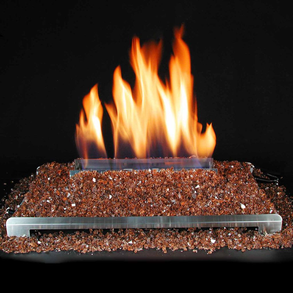 Ventless burner kit with flames above copper-toned fire glass media bed