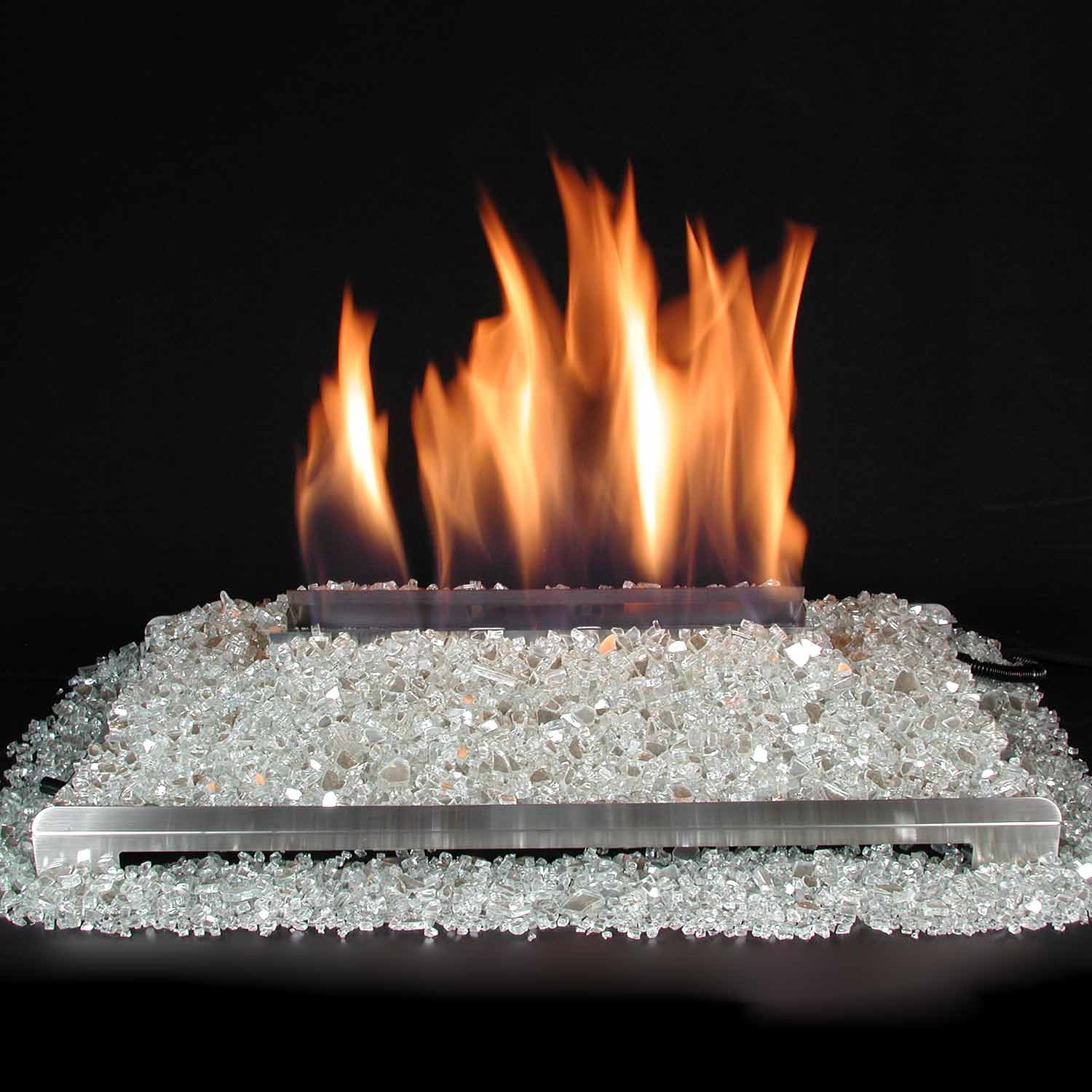 Ventless burner kit with flames above clear fire glass media bed