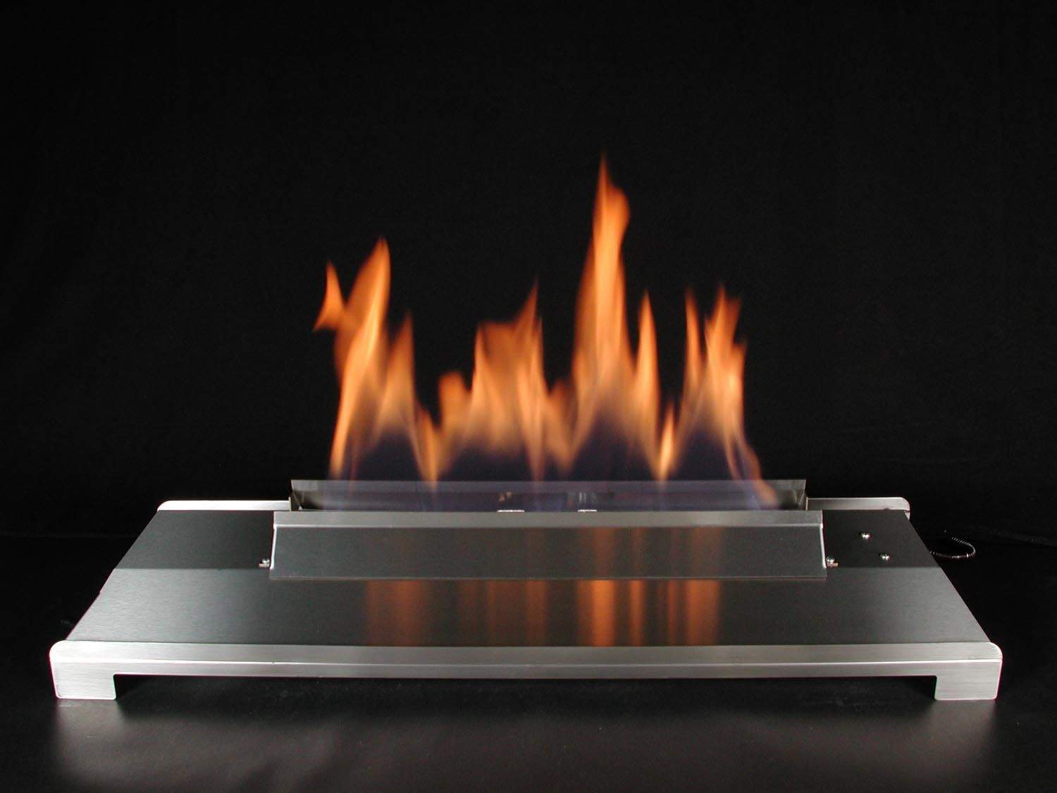 Ventless burner kit with flames above dark glass fire media bed