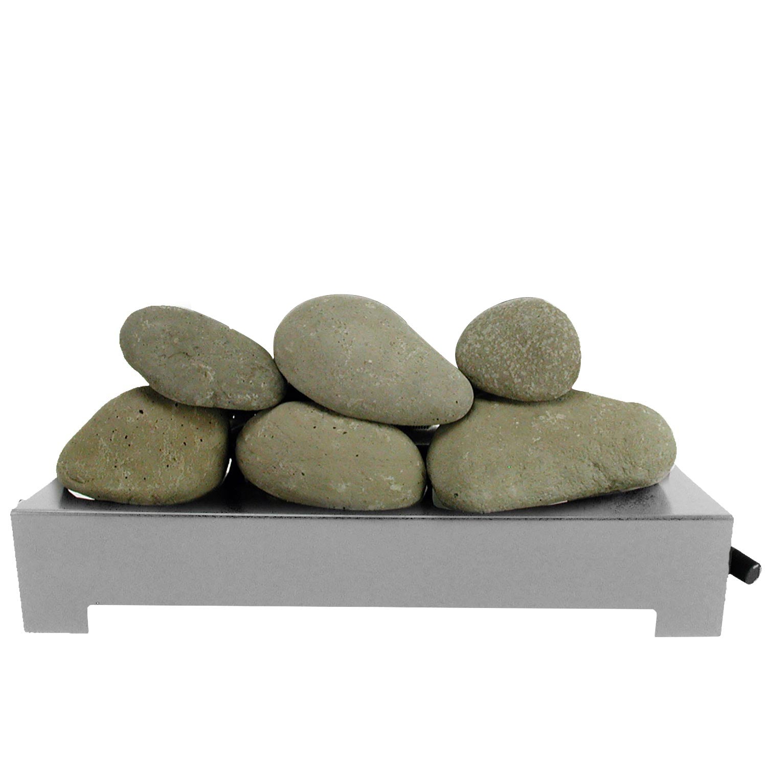 Stainless steel burner base with sage green ceramic fire stones, six-piece set
