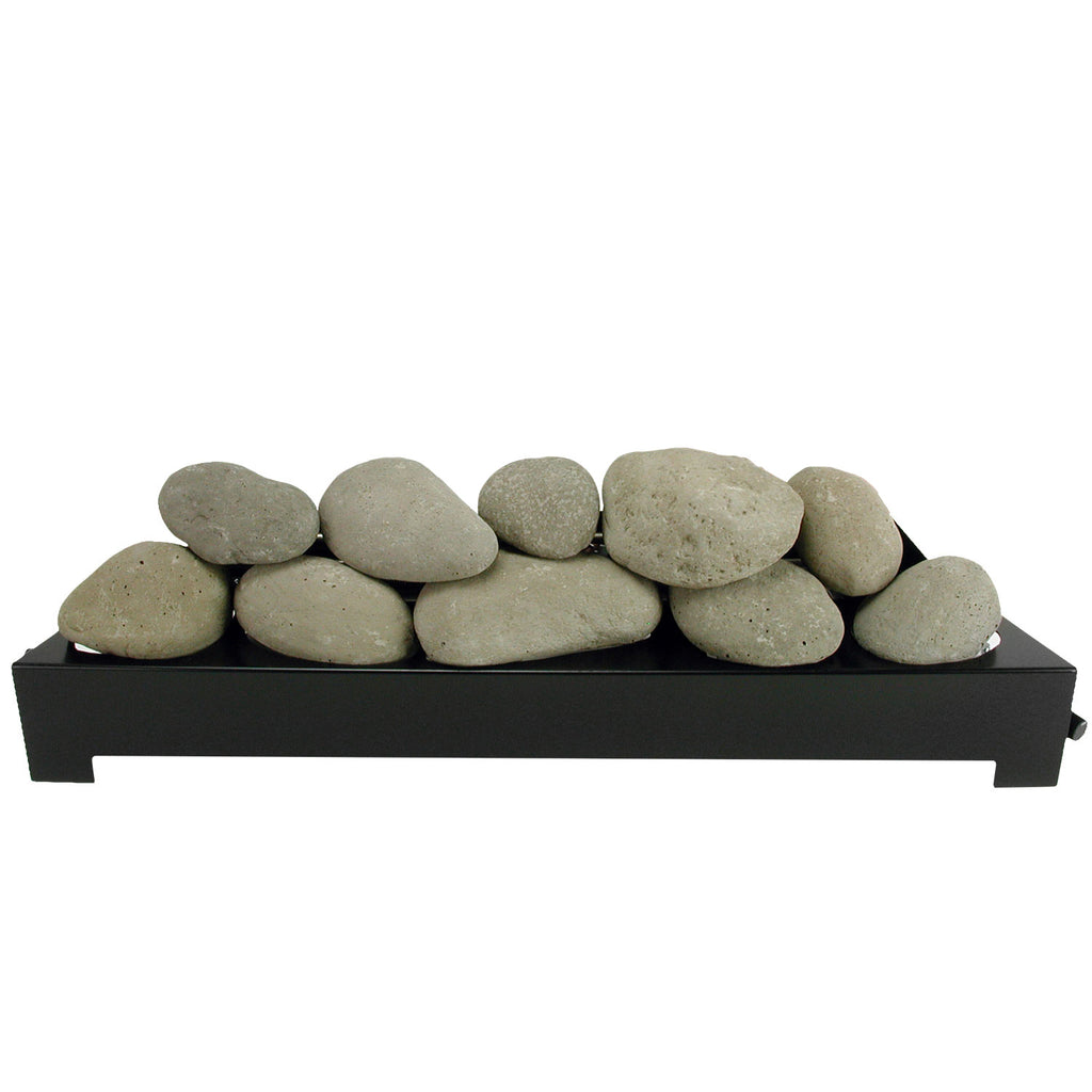 Ventless burner tray with light grey ceramic fire stones on black base