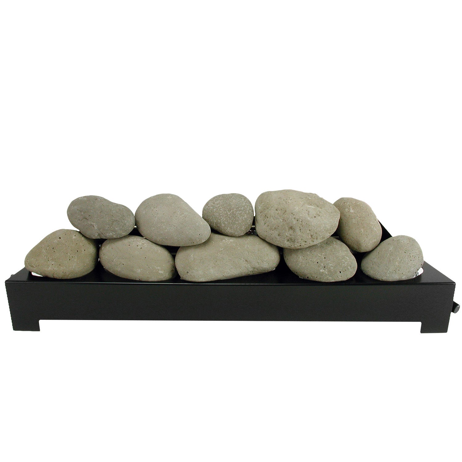 Ventless burner tray with light grey ceramic fire stones on black base