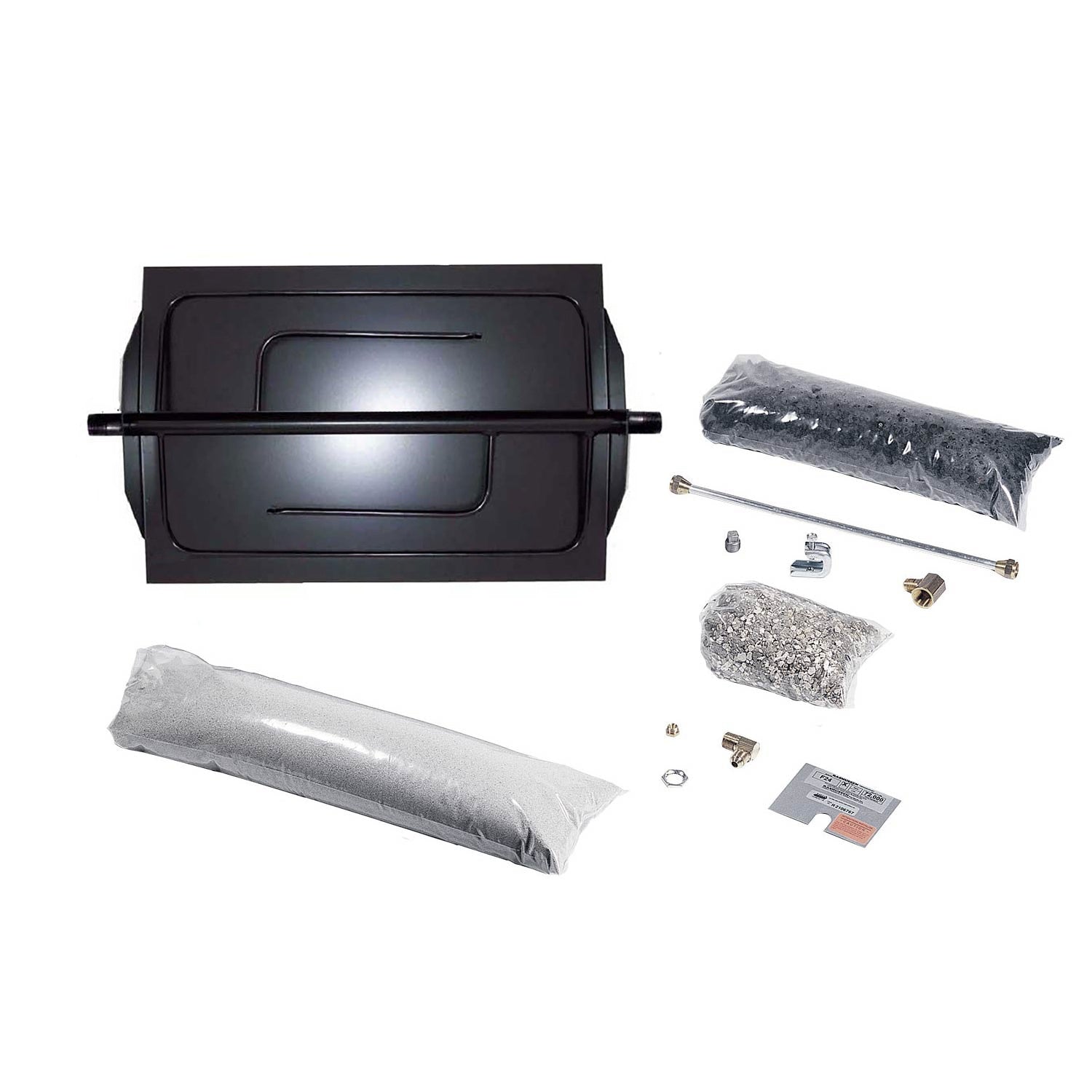 Vented fireplace burner kit with black burner pan and included gas line components