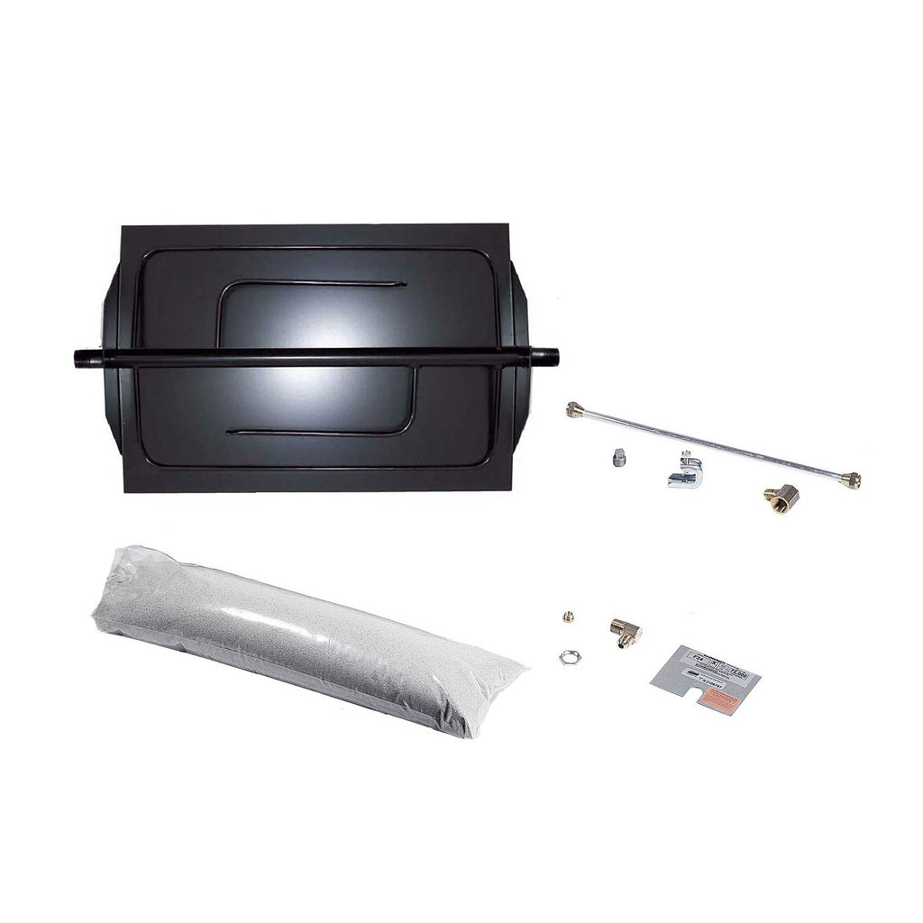 Vented fireplace burner kit with black burner pan, wrapped pieces, screws, and fittings