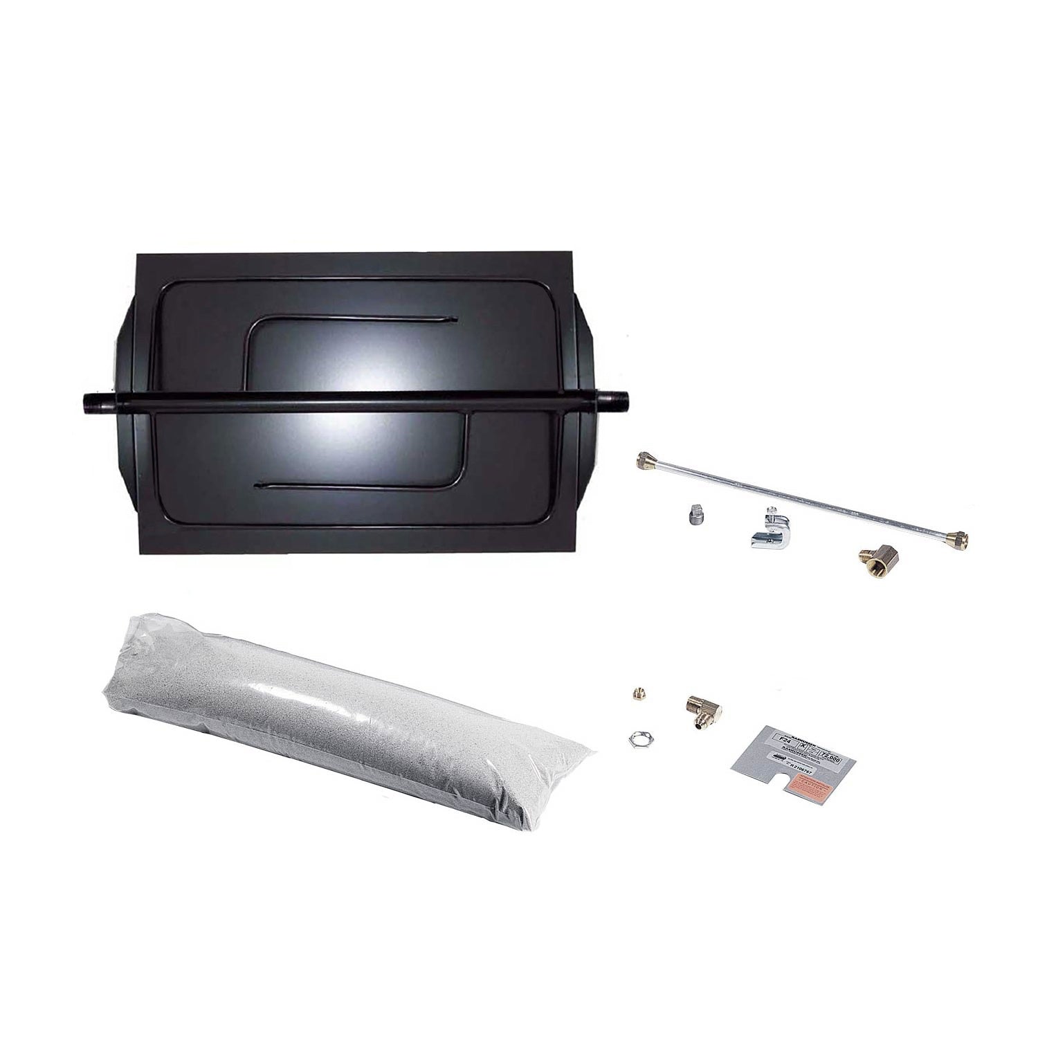 Vented fireplace burner kit with black burner pan, wrapped pieces, screws, and fittings