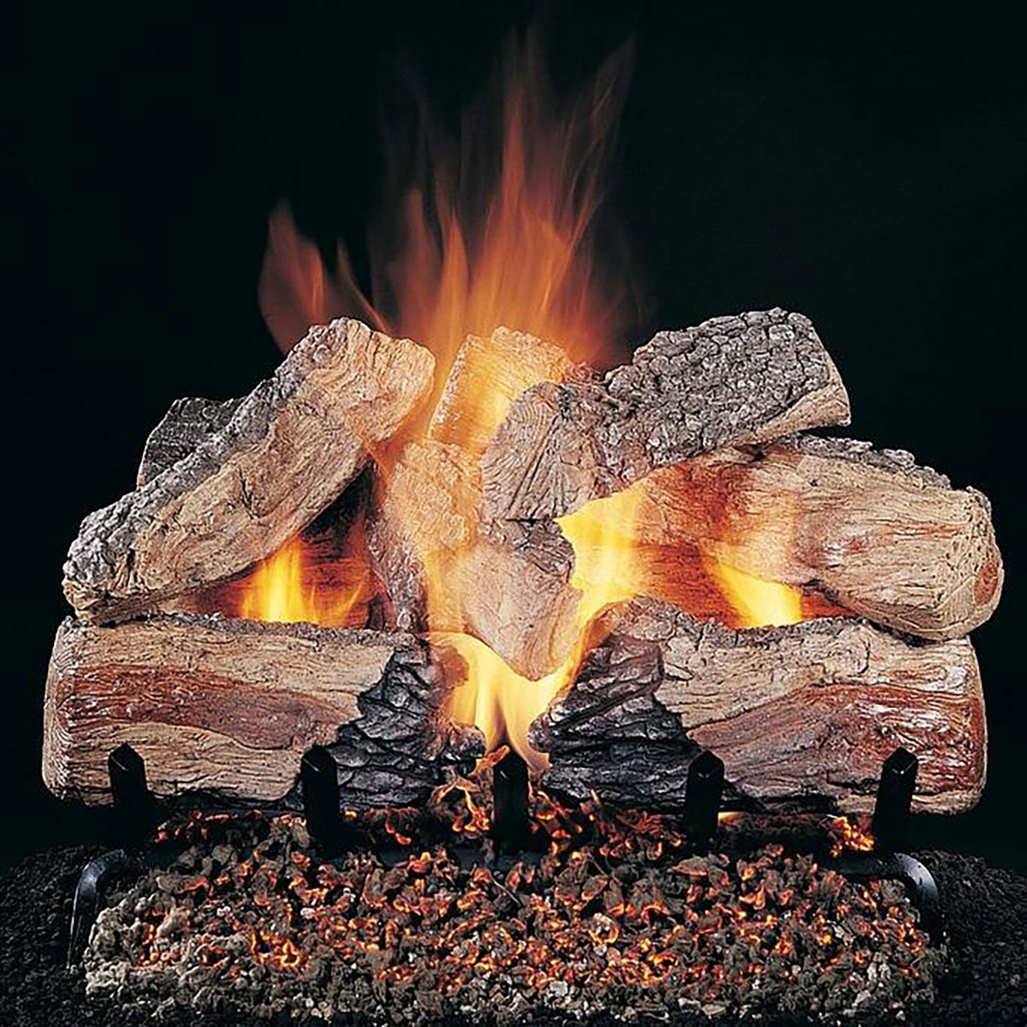 Ember bed with split gas fire logs and visible flames