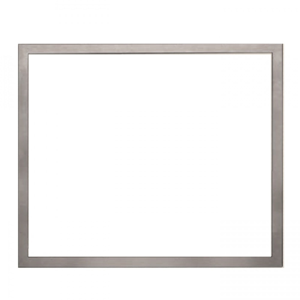 Brushed nickel beveled window frame with flat inner opening for fireplace insert