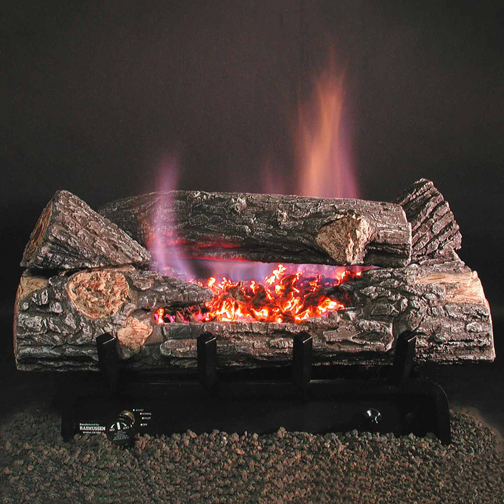Ventless gas fireplace burner with log set and orange flames