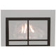 Decorative non-operable fireplace doors with dark frame, two glass panels, and two lower inserts