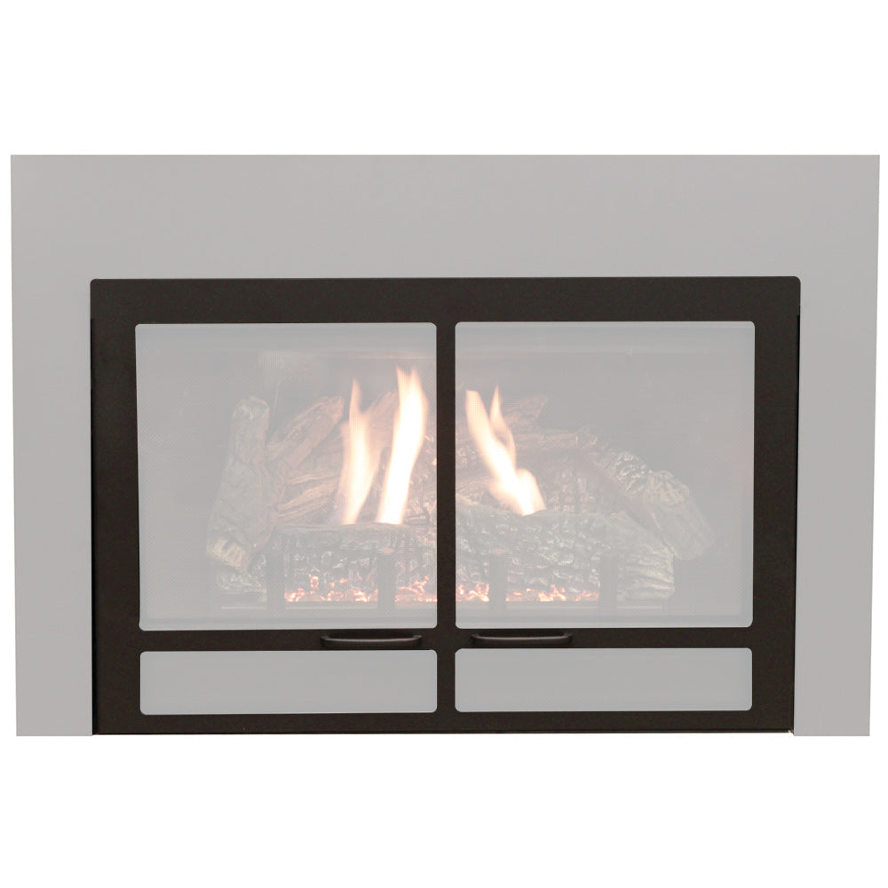 Decorative non-operable fireplace doors, dark frame with two glass panels and two pull vents.