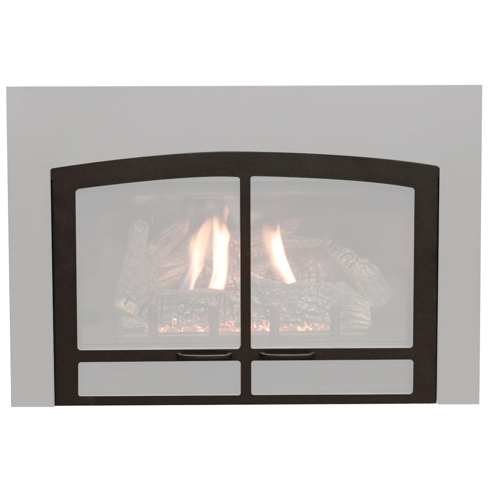Non-operable fireplace doors with arched dark frame, two glass panels, and two inserts