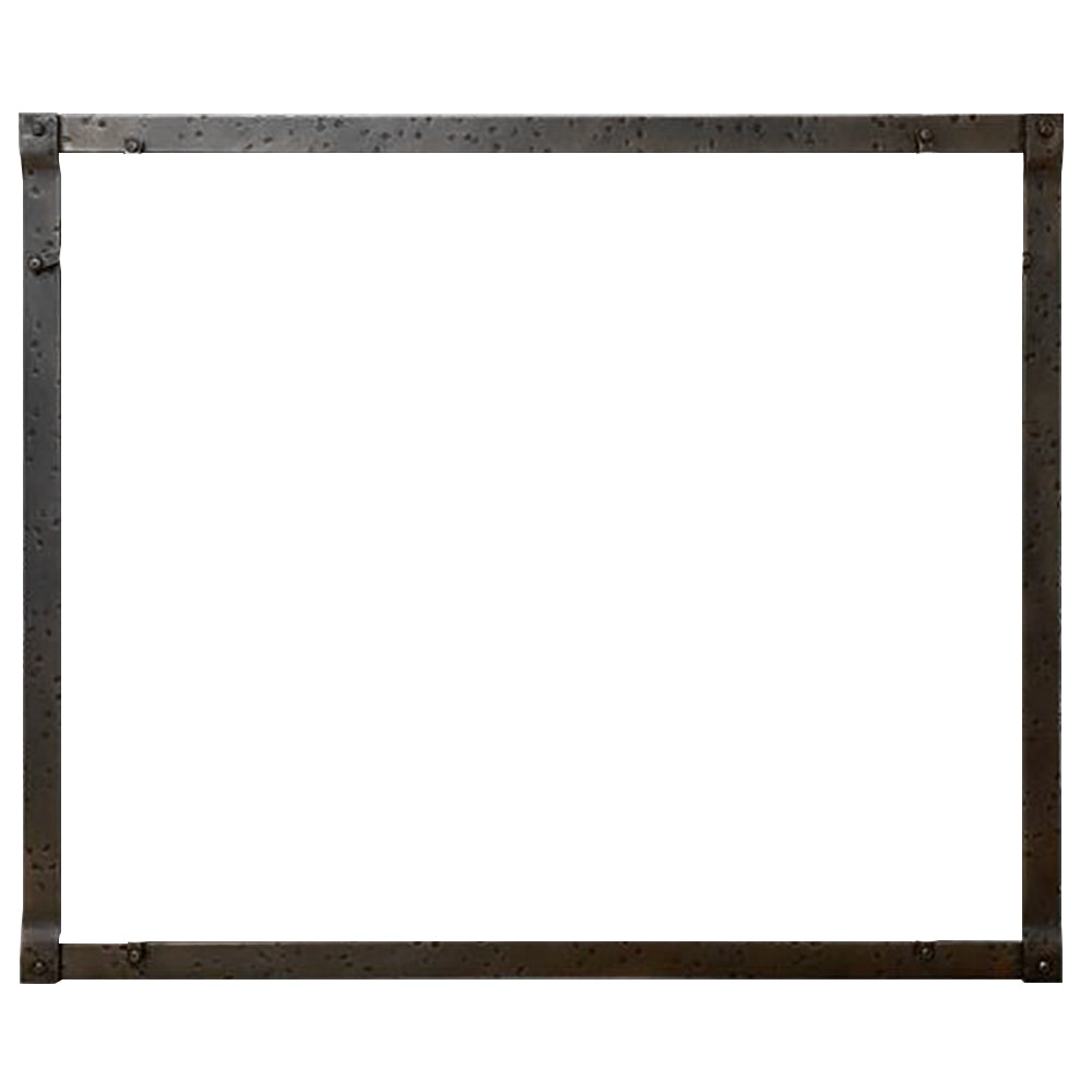 Forged iron fireplace frame with rectangular opening, distressed metal finish