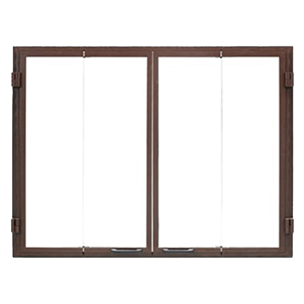 Bi-fold glass door with dark wood frame and two clear glass panels