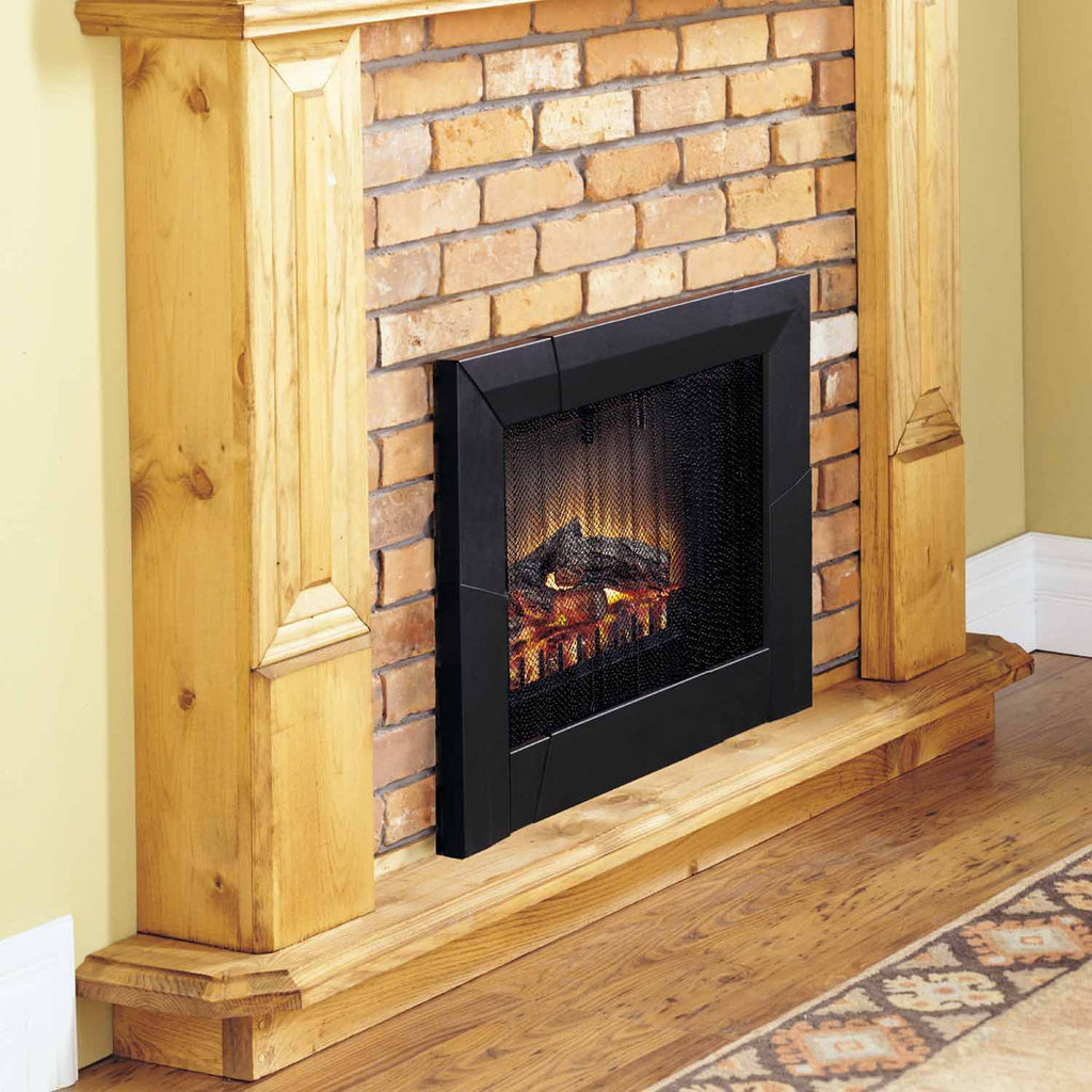Fireplace trim kit frame in dark charcoal, square opening with mesh insert