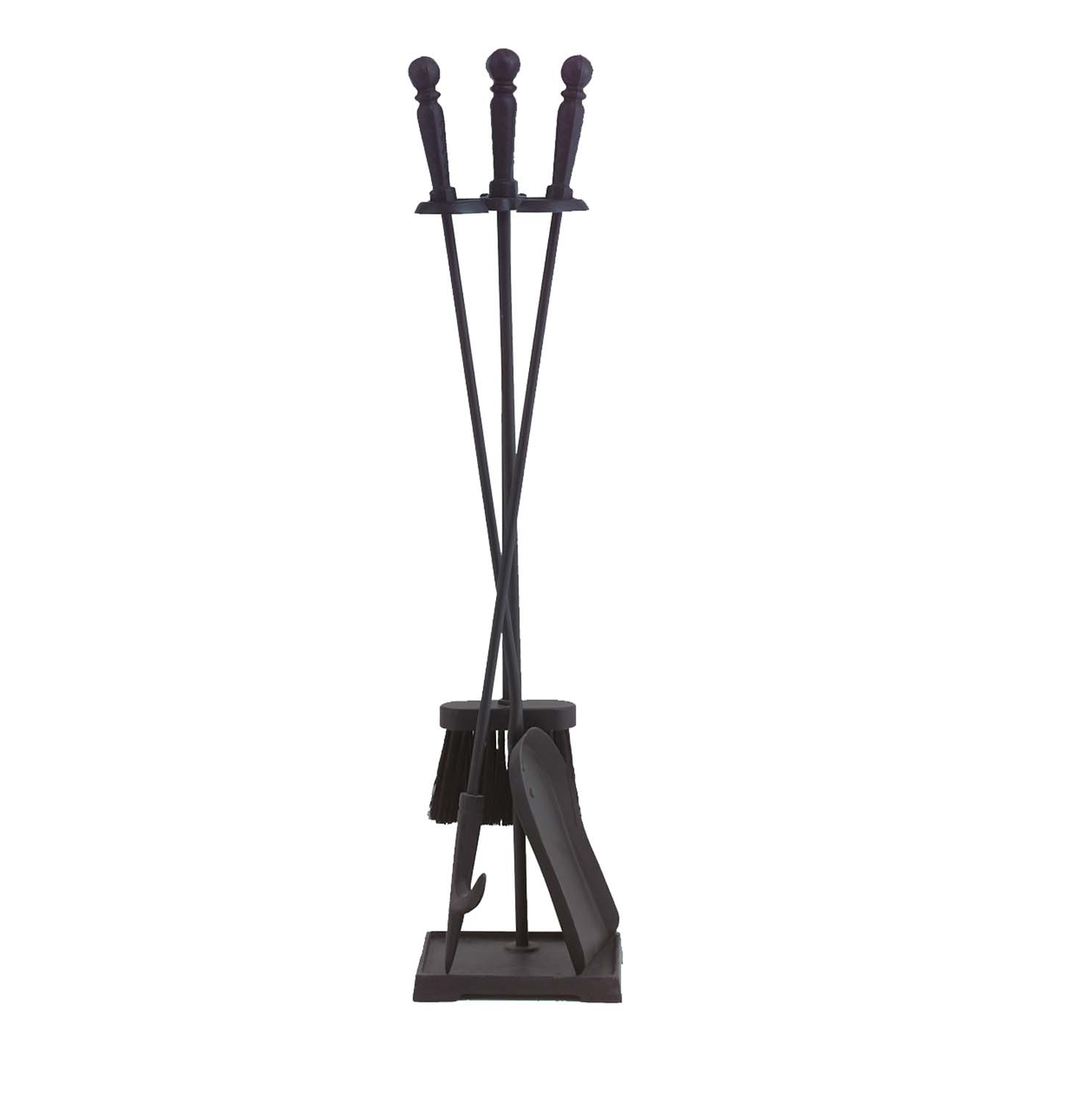 Black fireplace tool set with four long tools and a floor stand